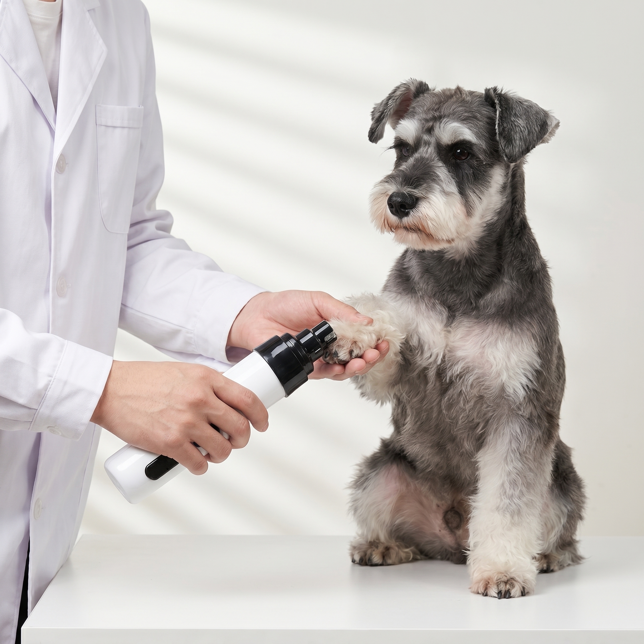 A groomer demonstrating SilentTrim on a calm small dog